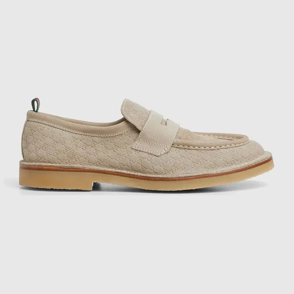 Gucci Web GG Monogram Suede Loafers Beige 831289 Mens 11.5 US 12 NEW